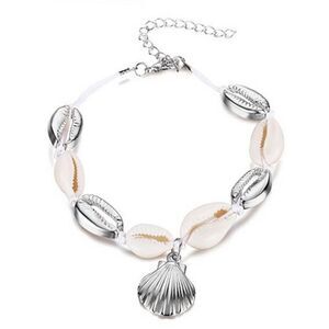 Silver Tone Cowrie Seashell Anklet With Dangle